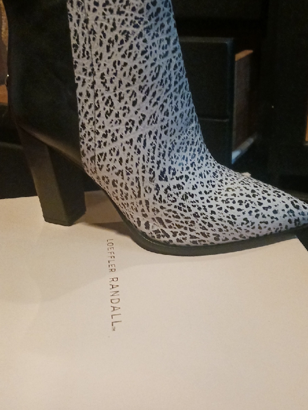 Loeffler Randall Black & White Leopard-Print Pointed Toe Ankle Boots